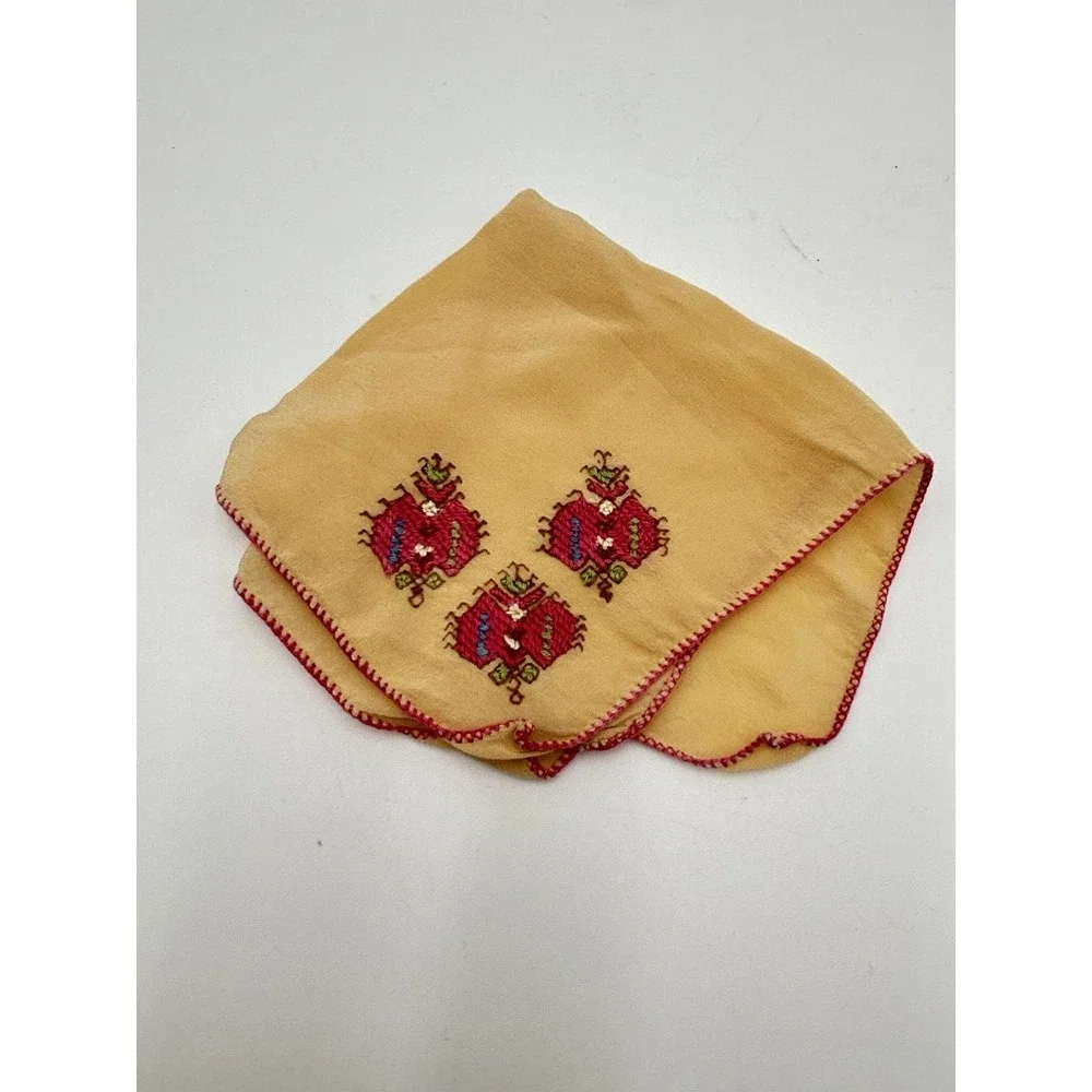 Vintage 100% Silk Embroidered Handkerchief Folk‎ Art Pink Floral Hanky 10x10